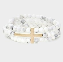 Sideways Gold Cross White Gray Marble Beads Stones MultiLayered Stretch Bracelet - £23.74 GBP