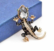 Vintage Look Gold Plated Black Lizard Brooch Suit Coat Gecko Broach Pin Collar S - £9.46 GBP