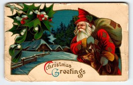 Santa Claus Christmas Postcard Old World Red Gold Robe Reindeer 1914 Saxony Gel - £11.03 GBP
