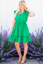 Bright Green Split V Neck Elastic Waist Ruffled Dress - $14.17