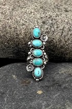Navajo Sterling Silver Natural Blue Turquoise Floral Elongated Ring 7.5 - £111.90 GBP