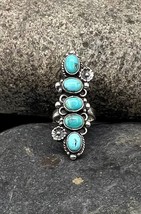 Navajo Sterling Silver Natural Blue Turquoise Floral Elongated Ring 7.5 - £110.93 GBP