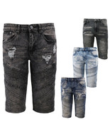 Men&#39;s Distressed Denim Faded Wash Slim Fit Moto Quilt Skinny Jean Shorts - £22.36 GBP