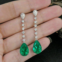 4.65Ct Pear Cut Green Emerald Drop Dangle Earrings Solid 14K White Gold Finish - £93.14 GBP