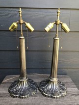 VTG LEVITON Tiffany Style MCM Metal Cast Brass Column Lamps 22” Tall Pair Decor - £71.67 GBP