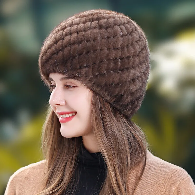 Women&#39;s Real Mink Fur Hat Knitted Cap Elastic Winter Warm Beanies Outdoor Hat - £26.37 GBP