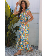 Yellow Floral Allover Print Shirred Cut Out High Waist Jumpsuit - $23.17