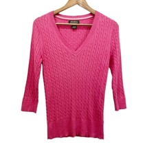 Eddie Bauer Womens M Cable Knit V-Neck Pink Sweater 3/4 Sleeve Preppy Spring - £19.34 GBP