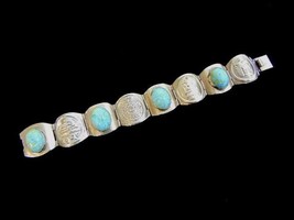Vintage Estate Sterling Silver Turquoise Mayan Aztec Bracelet 34.6g E736 - £136.28 GBP