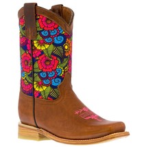 Kids Western Boots Floral Honey Brown Leather Square Toe Botas Rodeo - $52.24