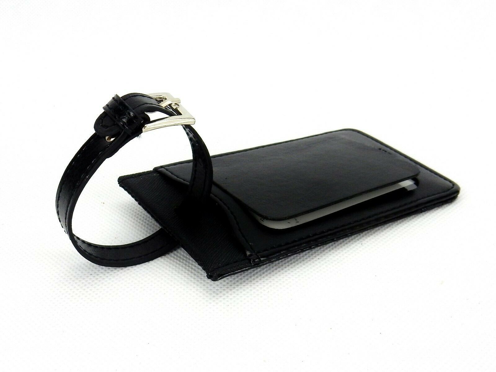 Black Leather Luggage Tag ~ Leeman Ilani Cowhide, Buckle Strap #PL-9290 - $4.85