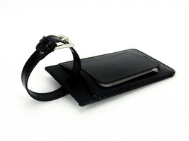 Black Leather Luggage Tag ~ Leeman Ilani Cowhide, Buckle Strap #PL-9290 - $92.32 MXN