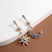 Asymmetrical Blue Crystal Star Moon Dangle Drop Earrings for Women - £8.01 GBP