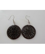 COCONUT SHELL CARVED EARRINGS ROUND BROWN FLORAL DROP DANGLE NATURAL JEW... - $7.99