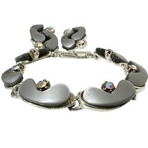 VTG 1950s Thermoset Gray AB Rhinestone Bracelet Earrings Set Atomic Mid ... - $93.01