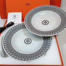 Hermes H Deco Soup Plate 22 cm white porcelain dinner Set of 2 - £330.57 GBP