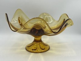 Viking Epic Art Glass 6 Petal Compote Pedestal Candy Dish Bowl Amber 10&quot; MCM Vtg - £25.70 GBP