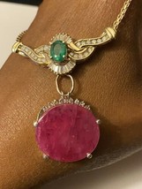 Designer Elegant Huge 32.06 ct ruby &amp; diamond, Emerald 14k gold drop necklace - £34,253.66 GBP