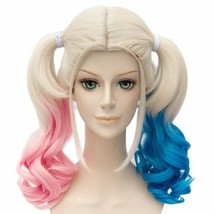 Harley Quinn Costume Suicide Squad Halloween Blue Pink Blonde Wig Hair Cosplay - £22.16 GBP