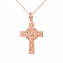 10k Rose Gold St. Saint Michael Pray For Us Celtic Heart Cross Pendant Necklace - £105.99 GBP+