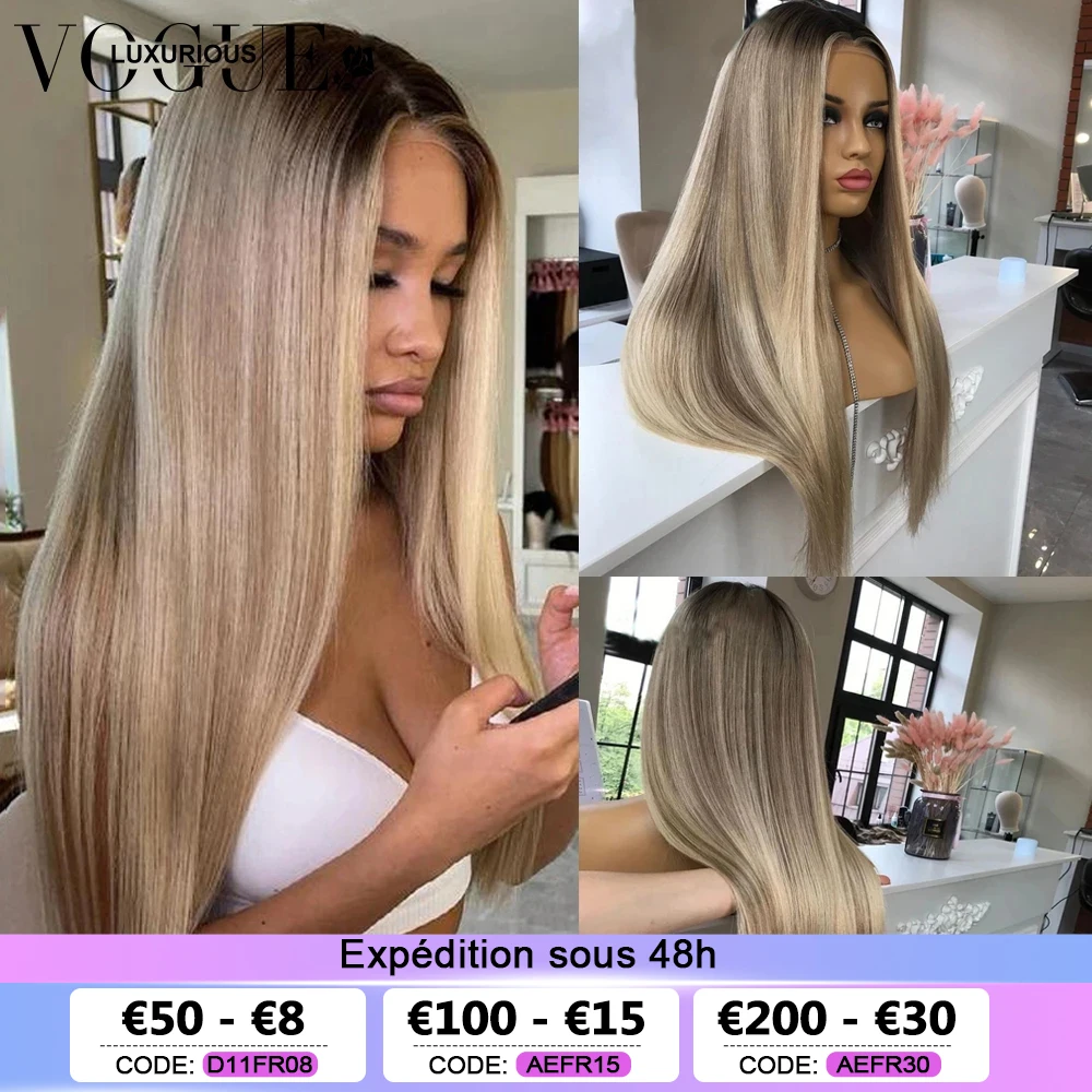 LUXURIOUS Ash Blonde HD Lace Front Wig 13x6 13x4 Ash Grey Highlight Straight - £132.65 GBP+