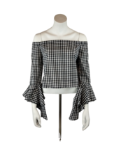 Misses Small Black and White Gingham Crop Top with Bell Sleeves New - £14.46 GBP