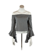 Misses Small Black and White Gingham Crop Top with Bell Sleeves New - £14.44 GBP