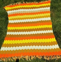 Vtg 1970s Hand Crocheted Orange Yellow Tan &amp; White Afghan Blanket Throw 6&#39; X 4&#39; - £17.60 GBP