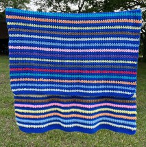 Vtg Afghan Blanket Crochet Blue Multicolor Striped Handmade Throw 49 x 66 - £39.92 GBP