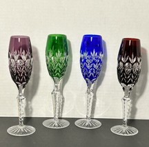 Vintage AJKA Caroline 9” Champagne Flutes Set of 4 Multi Color Cut to Clear~EUC~ - £88.84 GBP