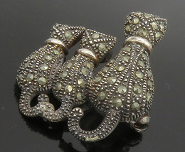 925 Sterling Silver - Vintage Marcasite Mom &amp; Baby Cats Brooch Pin - BP5887 - £27.33 GBP