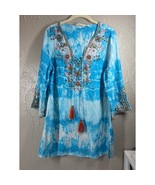 Soft Surroundings Icon Beverly Tunic Sky Blue Tie Dye Embroidered Size M... - $744.05 MXN