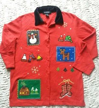 Planet &amp; Company Ugly Tacky Christmas Sweater Trees Patches Cardigan Sz S - £19.89 GBP