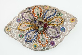 Gorgeous, Unique Sterling Silver Hand-Painted Filigree Rhinestone Brooch - $197.99