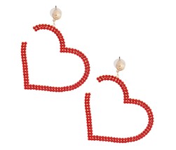 Women&#39;s Red Rhinestone Open Heart Shaped Dangle Gold Plated Ball Stud Earrings - £26.60 GBP