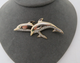 Double Dolphin Brooch Pin Clear Rhinestones Gold Tone Green Eyes 3.25&quot; Long - $9.99