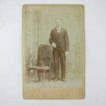 Cabinet Card Photograph Handsome Young Man Stand by Chair with Hat Antique 1890s - £11.85 GBP
