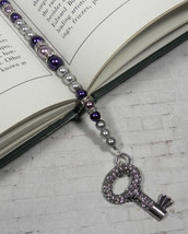 Key Beaded Thong Bookmark Crystal Glass Pearl Handmade Purple Grey New - $19.79