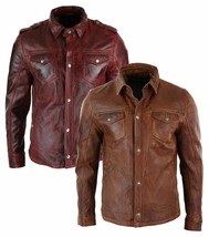 Men&#39;s Tan Timber Washed Slim Fit Shirt Jacket Retro Smart Cuir Real Leather - $101.84
