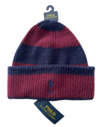 Polo Ralph Lauren Knit Cuff Striped Beanie Hat Navy / Burgundy - $2,072.64 MXN