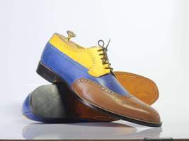 Men’s Multi Color Handmade Wing Tip Stylish Leather Shoes - £110.60 GBP