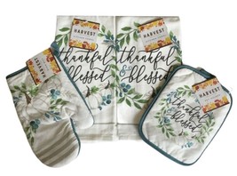 White Pumpkins Dish Towels Oven Mitt Pot Holder Set of 4 Thankful and Blessed - £17.60 GBP