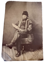 Antique Tintype Photograph Studio View Bearded Man w Hat in Chair Reading N24 - £12.62 GBP