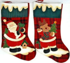 Christmas Stockings 1 Santa Clause &amp; 1 Moose Fluffy Polyester 18&quot; Long - £11.95 GBP