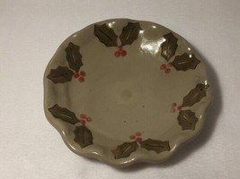Christmas Holly Leaf Design Pottery Stoneware 6-1/2&quot; Candy or Nut Dish - £8.59 GBP