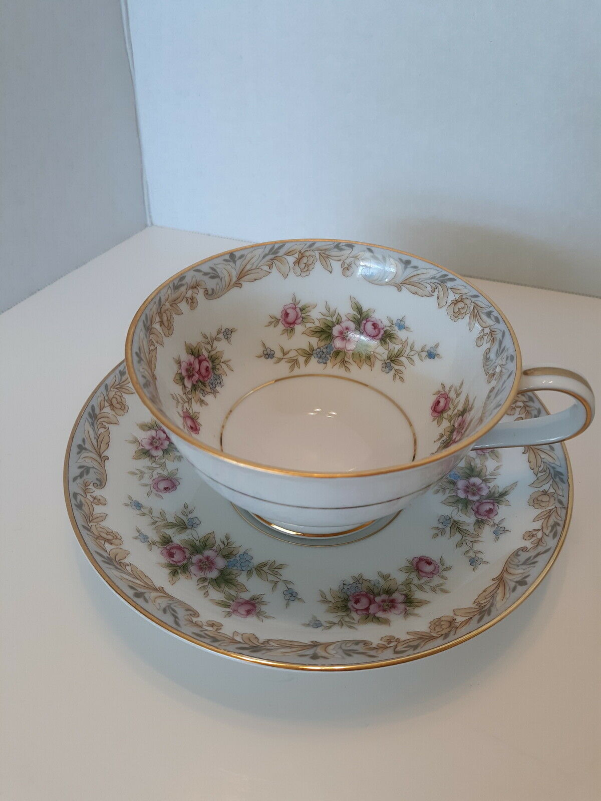 Noritake Somerset  Lot of 2 sets  Footed Cup & Saucer Porcelain White & Pink - $14.84