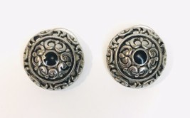 Vintage Silver Tone &amp; Black Enamel Button Earrings Stud Post Round - £7.92 GBP