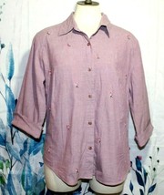 Women&#39;s Lemon Grass Studio Purple Rose Embroidered Cuffed Button Up Shirt Sz L - £12.66 GBP