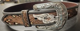 Nocona Western Womens Belt Leather Tooled Cutout FlowerLeopard Print Brown - $64.34