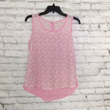 Mine Tank Blouse Women&#39;s Medium Pink White Floral Lace Front Sheer Keyhole Back - £9.58 GBP